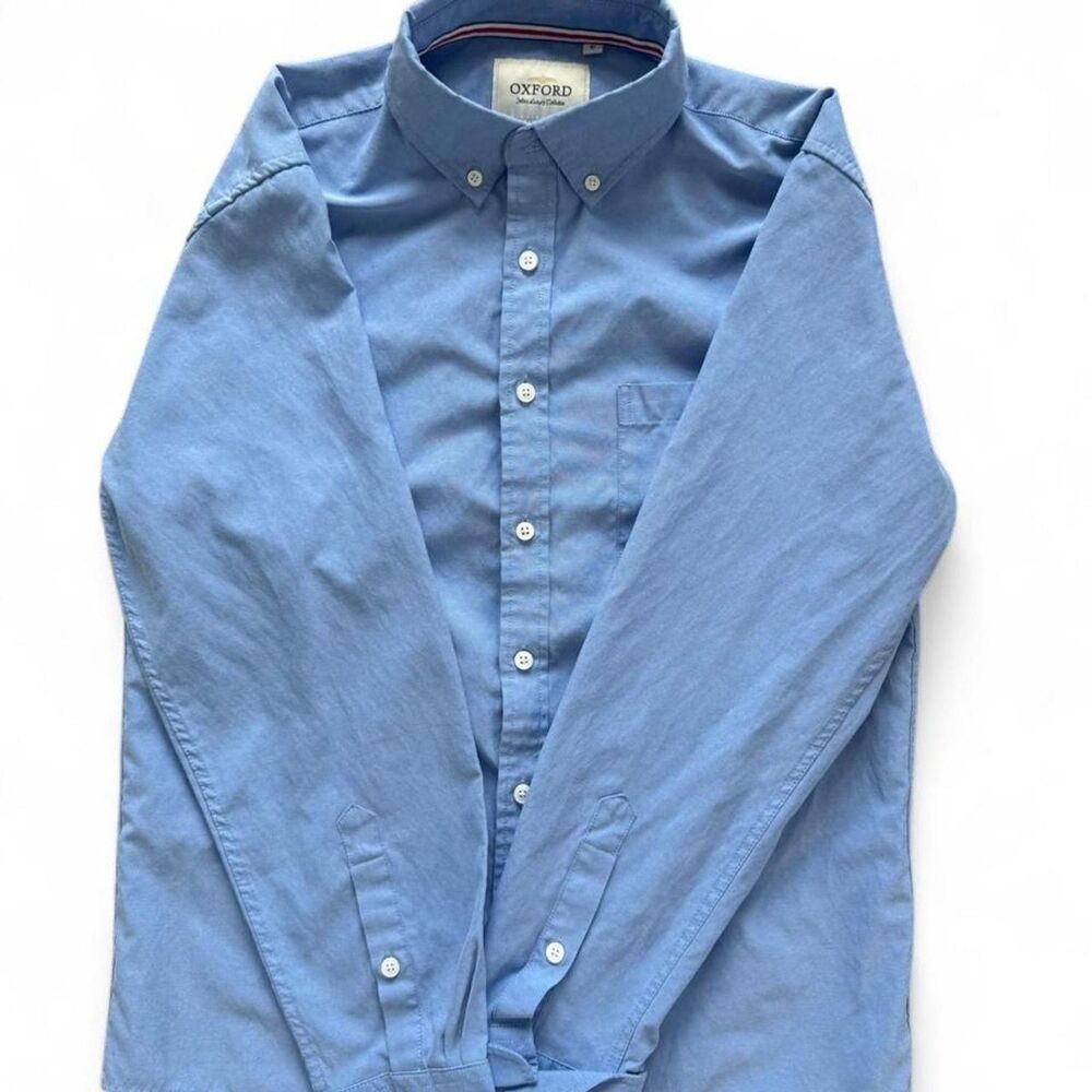 Oxford Men’s Blue Solid Cotton Button-Down Long Sleeve Small